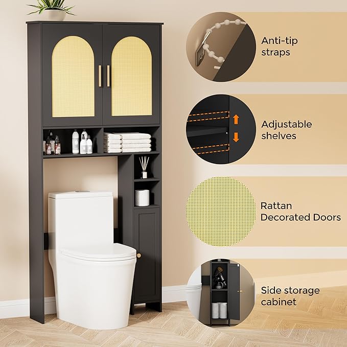 Homhedy 67" H Over The Toilet Storage Cabinet, Bathroom Organizer with Rattan Decorated Doors, Adjustable Shelves, Toilet Paper Holder, Space-Saving Bathroom Shelf for Small Spaces, Natural and Black