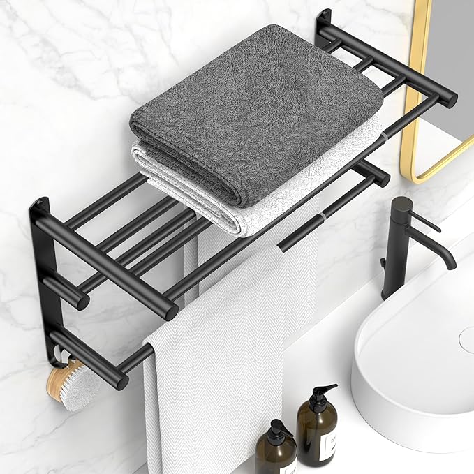 CAXIMSY Black Adjustable Towel Bar for Bathroom Wall Mount17-30.7inch Adhesive Shower Towel Rack Stainless Steel Bath Towel Holders for Toilet Kitchen Double Towel Hanger (Black 3-Layer Towel Rack)