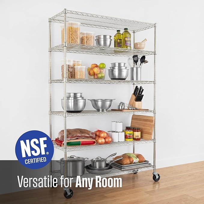 SafeRacks - NSF Certified Storage Shelves, Zinc, Heavy Duty Steel Wire Unit with Wheels and Adjustable Feet, Garage or Bakers Rack, Kitchen, Pantry Shelf - (18"x48"x72" 6-Tier) (Silver)