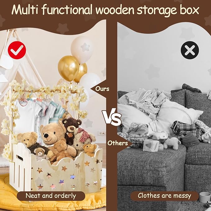 Wooden Baby Shower Crate Closet with Star Design, Hangers & Handle, Large Wooden Crate for Baby Shower Display, Newborn Welcome Basket, Nursery Storage & Decor Organizer