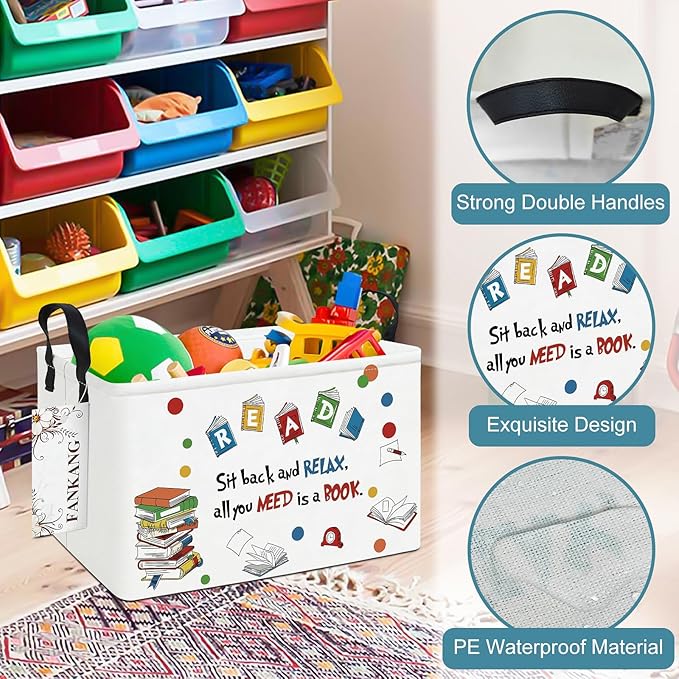 Storage Bins, Nursery Hamper Canvas Laundry Basket Foldable with Waterproof PE Coating Large Storage Baskets for Kids Boys and Girls, Office, Bedroom, Clothes,Toys(Rec-Reading ）