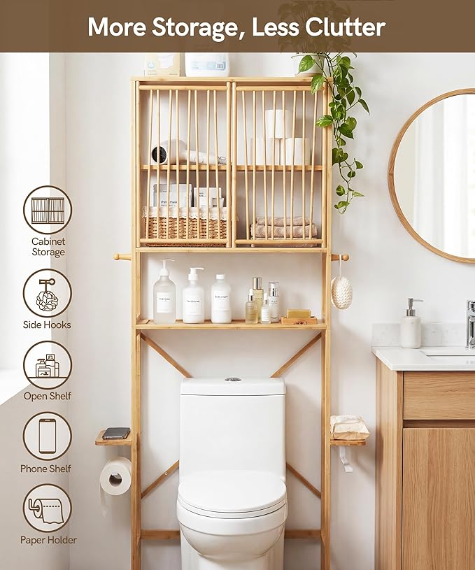 Afuly Bamboo Over the Toilet Storage Cabinet with Doors Bathroom Shelves Over Toilet Organizers and Storage, Above Toilet Shelf with Paper Holder, Phone Stand and Hooks, Space Saver (Natural)