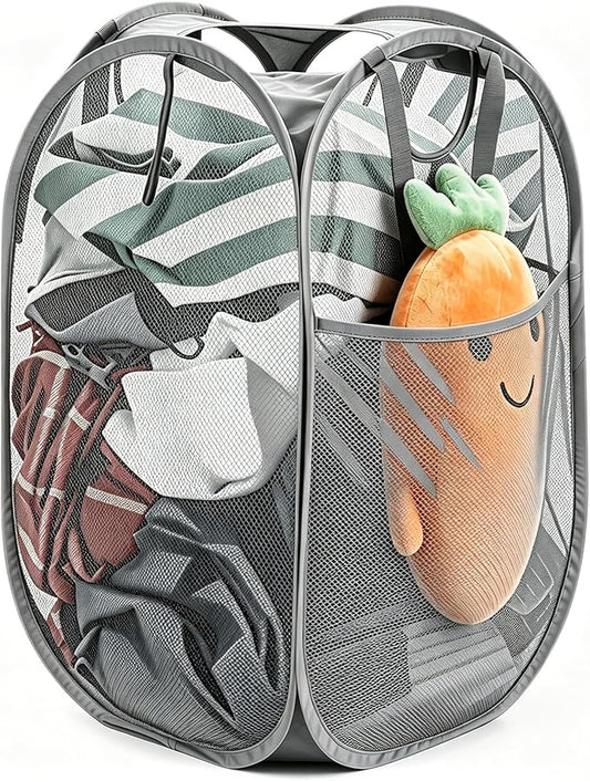 Strong Mesh Pop-up Laundry Hamper,HOUSE AGAIN Quality Pop Up Hampers for Laundry with Durable Handles Solid Bottom High Carbon Steel Frame, Easy to Open and Fold for Storage(Grey)