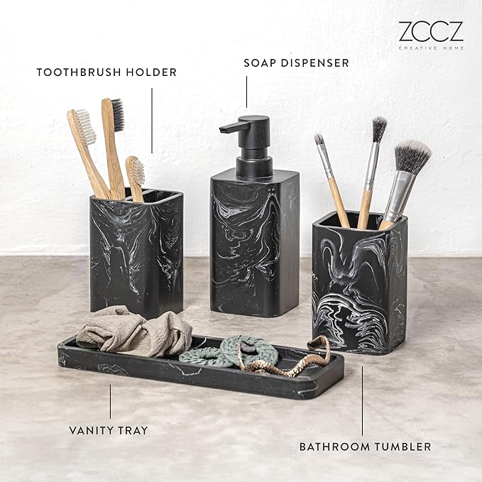 ZCCZ Bathroom Accessory Sets, 4 Pieces Bathroom Accessories Complete Set Vanity Countertop Accessory Set, Includes Lotion Dispenser Soap Pump, Tumbler, Toothbrush Holder and Tray (Black Marble Look)