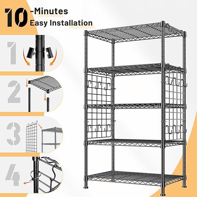 DurayLoly Storage Shelves with Hooks, Metal Shelving 5 Tier Adjustable, 2 Side Panels, Shelving Unit Easy Assemble, Storage Rack 530LBS, Wire Shelving for Kitchen, Pantry, 29.5" W x 11.8" D x 59.1" H