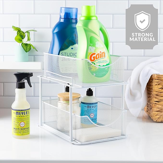 Sorbus 2 Tier Under Sink Bathroom Organizers and Storage, Strong Steel Mesh Sliding Drawers for Enhanced Bathroom Storage Ideal Bathroom Organization and Storage & Under Kitchen Sink Organizer (White)