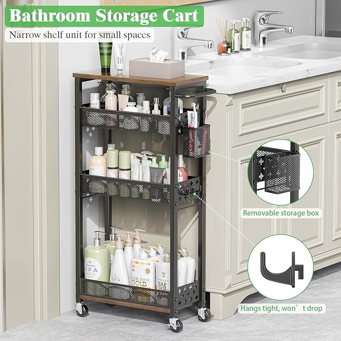 Slim Storage Cart with Wheels - 4 Tier Utility Narrow Rolling Cart with Wood Top, Metal Trolley for Bathroom Laundry Kitchen Organization with Handle, 7.1 inch Wide for Small Space, Black