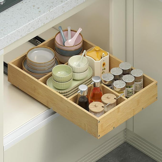 Bamboo Pull Out Cabinet Organizer, 14" W x 21" D No Drill Adhesive Slide Out Drawers, Pull Out Shelves for Kitchen Pantry Bathroom Storage