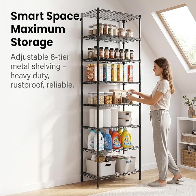Finnhomy Heavy Duty 8 Tier Wire Shelving, 24x24x80.3 inches 8 Shelves Storage Rack with Thicken Steel Tube, Pantry Shelves for Storage, Adjustable Metal Shelving Unit, NSF Certified, Black