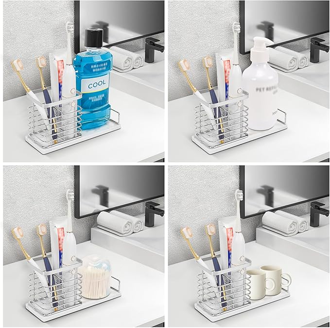 Toothbrush Holder, Luxurious Metal Toothbrush Toothpaste Holder with Marble Base for Bathroom, Multi-Slots Openwork Design, Bathroom Accessory for Storage and Organizer (Large, Chrome)
