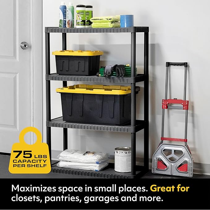 CENTREX CX 4-Tier Medium Duty Plastic Storage Shelves that Support up to 75lbs/shelf, Organization and Storage, Weather-Resistant Design, Easy Assembly, Black (52.1”H x 34.8”W x 14.6”D)