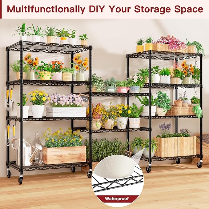 PrimeZone Wire Shelving Unit with Wheels, 5 Tier Adjustable NSF Certified Heavy Duty Metal Storage Shelves, Pantry Organizer Rack Rolling Kitchen Shelf for Closet, 24" W x 18" D x 75" H, Black, 2 PCS
