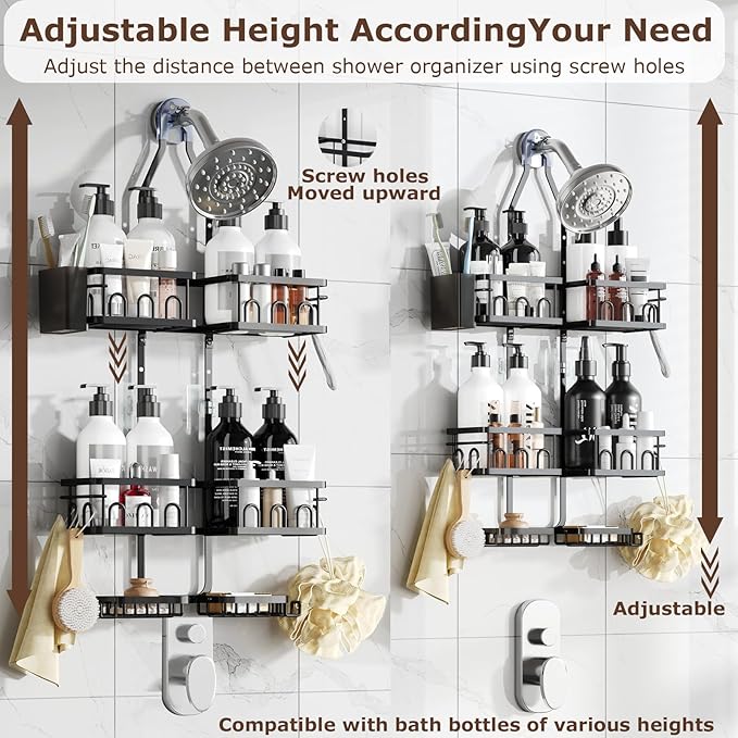 Adjustable Shower Caddy Hanging Rustproof Shower Caddy Shower Organizer for Over Handheld or Fixed Shower Heads with Hooks Soap Holder Toothbrush Holder
