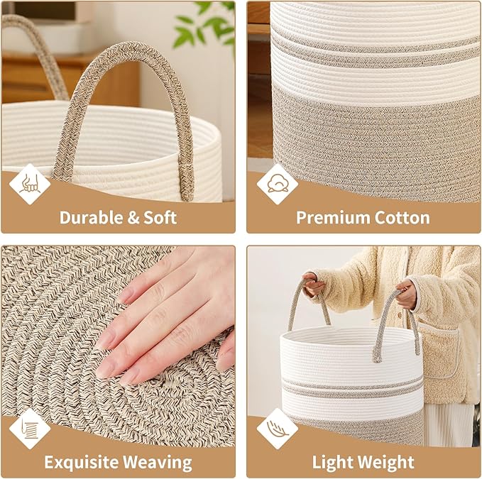 Laundry Basket Hamper Tall Rope Storage Woven for Blanket toys Dirty Clothes in Living Room Bathroom Bedroom (Brown&White, 80L/21.3Gal)