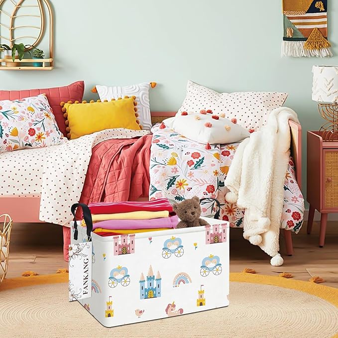 Storage Bins, Nursery Hamper Canvas Laundry Basket Foldable with Waterproof PE Coating Large Storage Baskets for Kids Boys and Girls, Office, Bedroom, Clothes,Toys(Rec-castle carriage ）