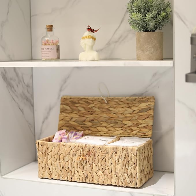 Wicker Bathroom Basket with Lid, Water Hyacinth Toilet Tank Basket with 3 Compartments, Woven Storage Box for Bathroom Organizer (13.2 x 5.1 x 4.5 inch)