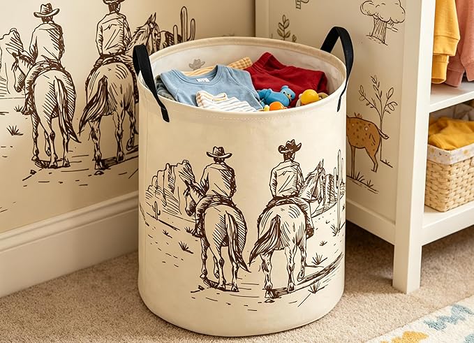 ESSME Kids Laundry Basket,Cow boy Hamper Collapsible Canvas Waterproof Storage Bin for Boys, Cute Hamper,Gift Baskets(Cow boy)