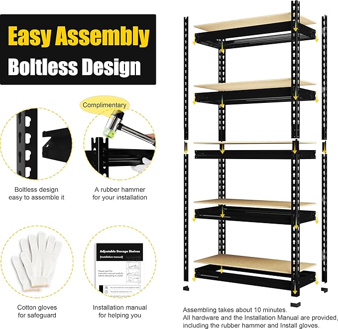 PrimeZone Storage Shelves 4 Pack 5 Tier Adjustable Garage Storage Shelving, Heavy Duty Metal Storage Utility Rack Organizer Shelf Unit for Warehouse Pantry Closet Kitchen Basement, Black