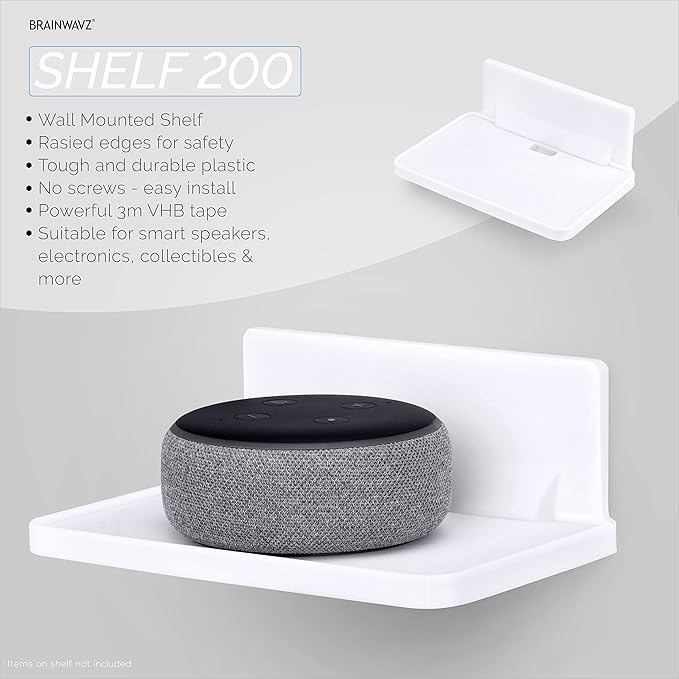 6.7" Adhesive Floating Wall Shelf for Small Speakers, Deco, Plants, Baby Monitors, Toys, Bathroom, Kitchen & More, Easy To Install, No Screws & Mess, 6.7” x 4.1”, by Brainwavz (SHELF200-White)