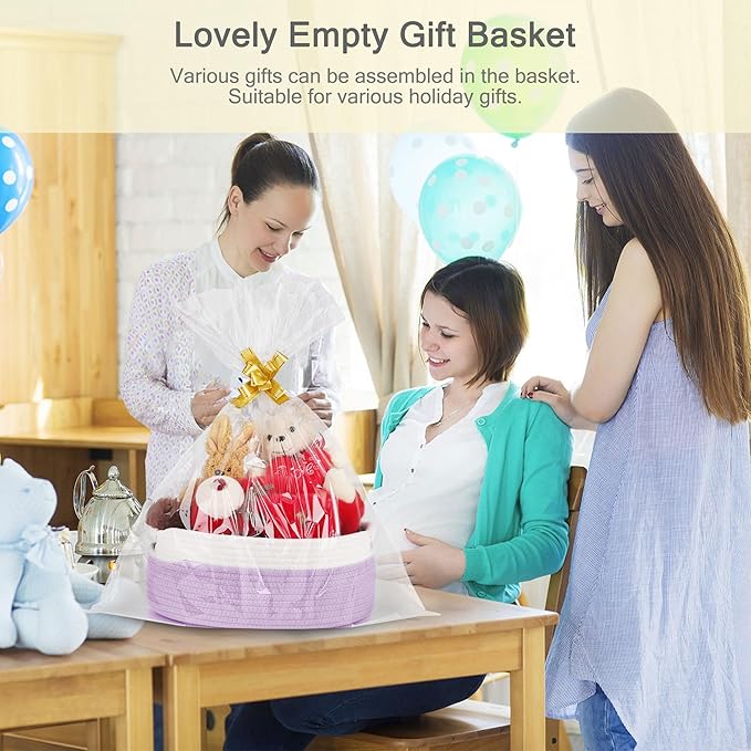 Small Woven Basket with Gift Bags and Ribbons, Empty Baby Gift Baskets for Kids Women Men, Shelf Storage, Small Cat Dog Pet Toy Boxes, 13”x 9”x 5.5”, Purple