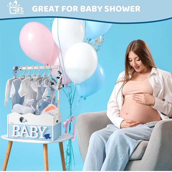 GiftAmaz Blue Wooden Baby Shower Crate Closet, Baby Storage Crate with Handle, Baby Shower Gifts Basket, Baby Welcome Box for Newborn Boys, Pregnancy Gifts for New Parents