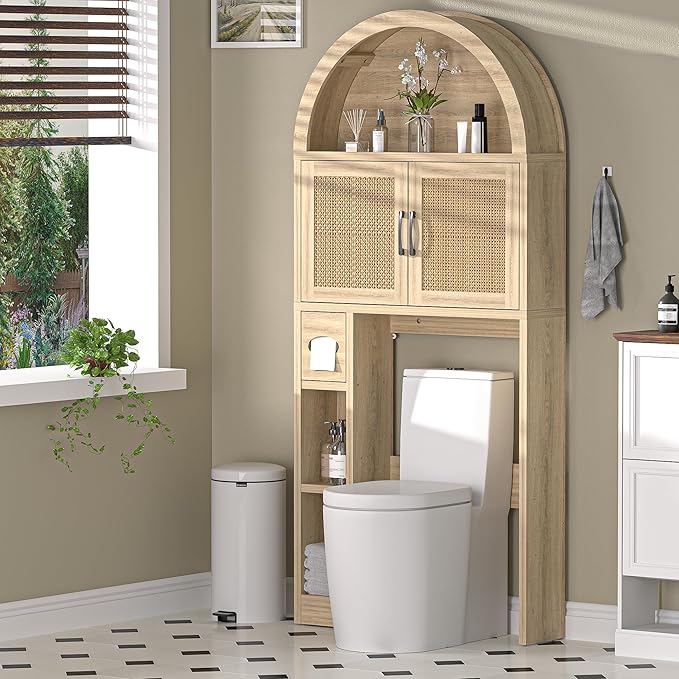 AHB Over The Toilet Storage Cabinet, Freestanding Bathroom Organizer with Adjustable Shelf and Anti-Tip Device, Arched Cabinet with Doors, Space-Saving Toilet Storage for Bathroom, Laundry, Mini Bar