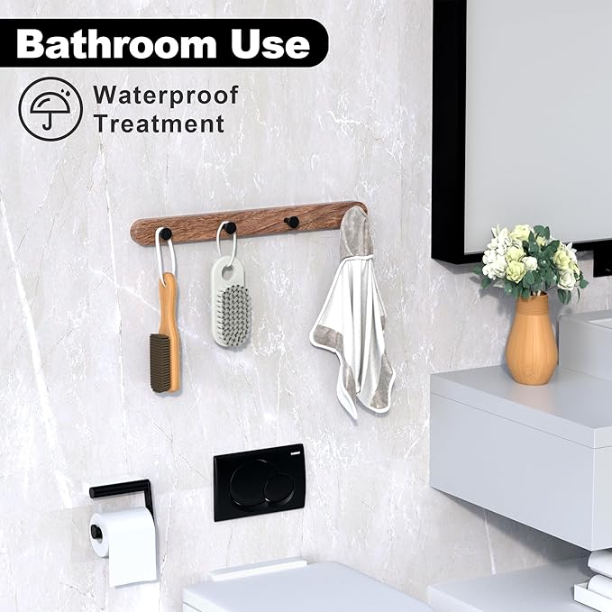 16 Inch Walnut Wood Wall Mounted Coat Rack with 4 Matte Black Round Hooks Adhesive Mounted Entryway Hooks Modern Natural Wooden Pegs for Hanging Coat Clothes Hat Bag Purse Key and Towel