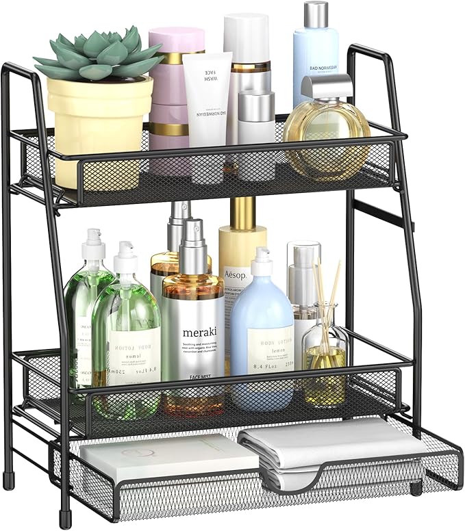 2-Tier Bathroom Counter Organizer with Drawer, Bathroom and Makeup Organizer Countertop, Easy to Install, Ideal for Bathroom organizer, Vanity, Large Skincare, Perfume, Present, and More,Black