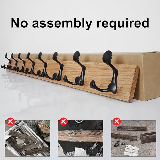SKOLOO 43-Inch Wood Coat Rack Wall Mount with 8 Triple Hooks - Ideal for Family Entrances, Classrooms, and Pet Supplies Storage - Perfect Coat Hooks for Wall, Black on Natural