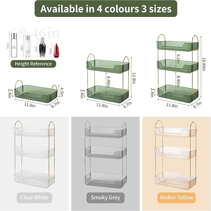 YCIA&DONE Bathroom Organizer Countertop, Makeup Storage, Skincare Cosmetic Tray Shelf, Perfume Holder Rack for Vanity Counter, Large Capacity, Easy to Install, Clean, 3 Tiers, Vintage Green