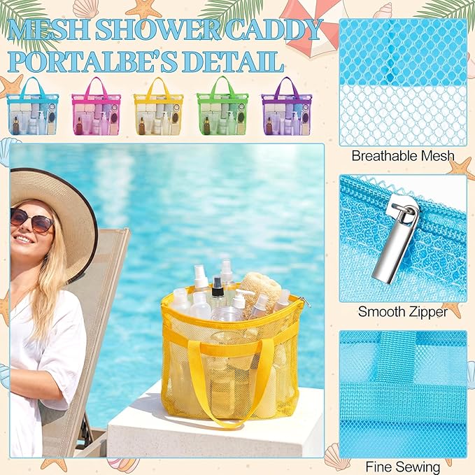 Tudomro 10 Pcs Mesh Shower Bag Caddy Tote Portable Quick Dry Tote Bag Lightweight Hanging Toiletry Bath Organizer for College Dorm Gym Swimming Beach Travel Games Sports (5 Colors)