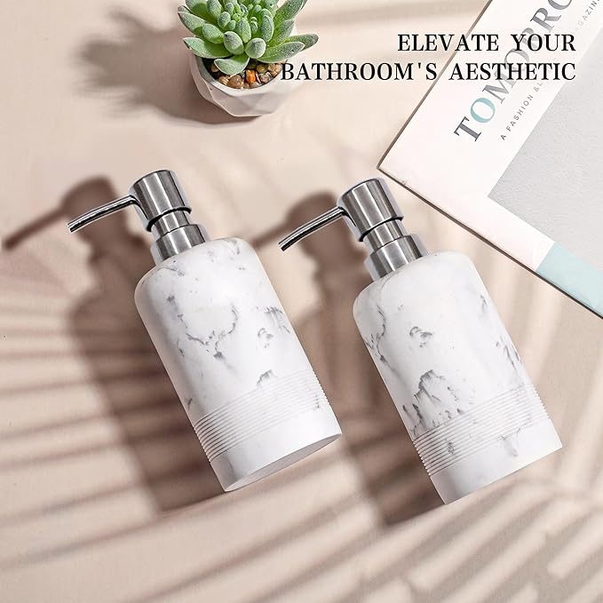 YMXYJM Resin Soap Dispenser Sets, 2 Pcs Heavy Lotion Dispensers,10.8oz Refillable Liquid Soap Dispensers with Rust-Proof Pump for Bathroom Countertop or Kitchen, Artificial Marble White