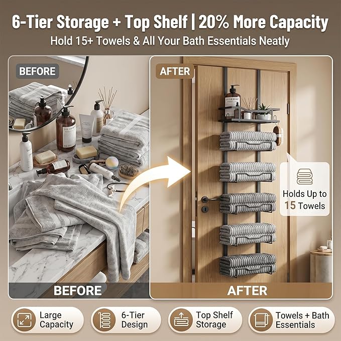 CTESNE【No Drill - 6-Tier】 Towel Racks for Bathroom The Door Bath Towel Storage Organizer for Small Bathrooms - Tiered Back of Door Towel Holder Hanger for Rolled Towels RV Camper(Black)