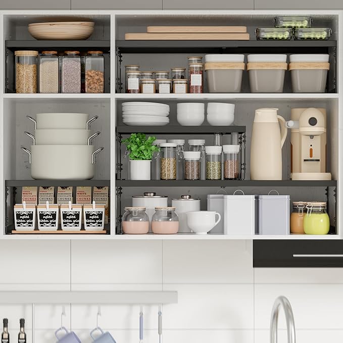 Stackable Expandable Metal Shelf Organizer, Adjustable Storage Rack, Heavy Duty Space Saver for Kitchen, Pantry, Bathroom, Countertop & Office(3Pack/Medium/Black)