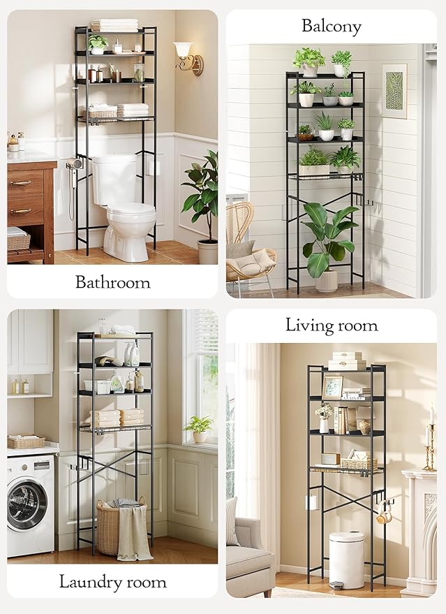 Quikraen 4 Tier Over The Toilet Storage Shelf with 3 Adjustable Shelves, Space Saver Bathroom Organizer with 4 Hooks, Freestanding Above Toilet Rack for Restroom Laundry (Black)