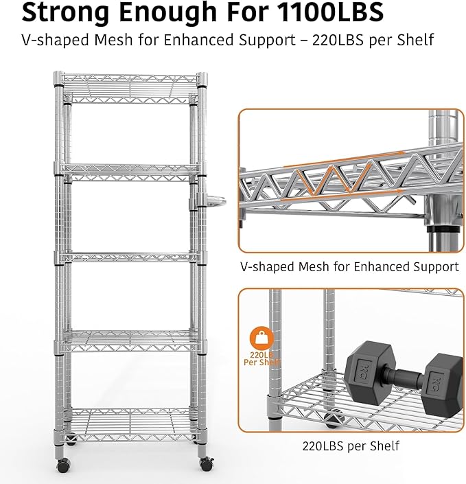 5-Tier Metal Wire Storage Rack with Lockable Wheels, Heavy Duty Shelving Unit Supports 1100 lbs, 61" Tall Rolling Organizer for Kitchen, Garage, or Bedroom