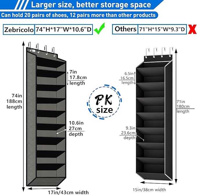 Over the Door Shoe Organizer, Large Shoe Rack for Door 10 Tiers, Heavy Duty Metal Hanging Hook for Shoe Storage, Space Saving Shoe Holder Fits All Family Heels Boots Sneakers - Dark Black