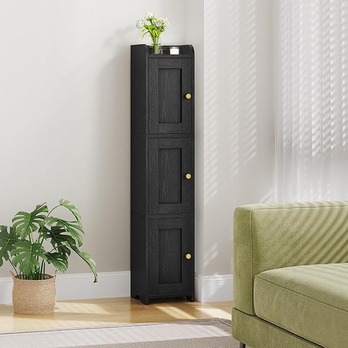 HEXCELEN Slim Bathroom Storage Cabinet, Narrow Cabinet with 3 Doors, Small Bathroom Organizers and Storage, Laundry Room Organization for Small Space, Kitchen, Living Room, Black 022304X