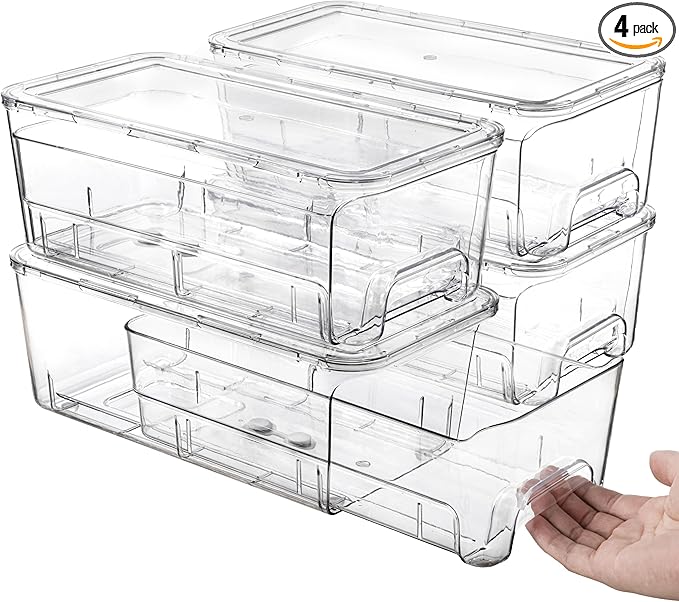 Audend Clear Stackable Storage Bins with Lids, 4 Pack Plastic Storage Containers with Handle for Pantry and Snack Organizers, Suitable for Kitchen, Bathroom, Fridge, Cabinet