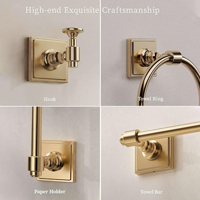 Champagne Gold Bathroom Towel Bar Set, 5 Piece Bathroom Hardware Accessory Set, SUS304 Stainless Steel 24" Towel Rack Holder Set for Bathroom, Wall Mounted