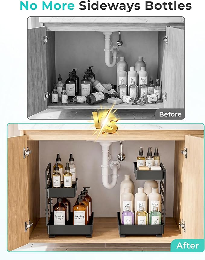 EVERIE Height Adjustable 2 Tier Metal Pull Out Slide Shelf Organizer for Under Sink Cabinets in Kitchen, Bathroom, with Snap-on Top Tray, 16" Deep (Black, 2 Sets) | Pull Out, Slide Shelf