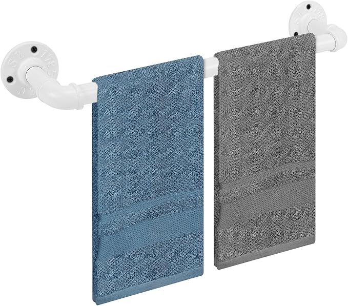 Industrial Pipe Towel Rack Towel Bar, Heavy Duty Wall Mounted Rustic Farmhouse Bath Towel Holder for Bathroom (White, 16 inch)
