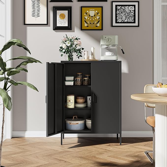 Bevivog Metal Locker Storage Cabinet, Home Office Metal Storage Cabinet Small Sideboard with 2 Doors and 2 Adjustable Shelves,40" Counter Cabinets for Office Garage Bathroom Living Room Hallway