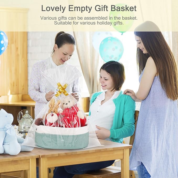 Small Woven Basket with Gift Bags and Ribbons, Empty Baby Gift Baskets for Kids Women Men, Shelf Storage, Small Cat Dog Pet Toy Boxes, 13”x 9”x 5.5”, Light Green