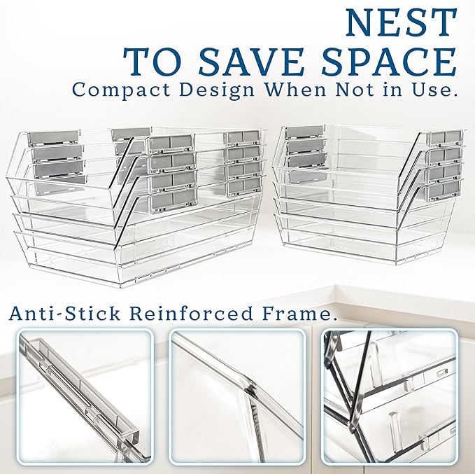HOMESTEAD Set of 2 Small Stackable Storage Bins, Clear Plastic Organizer Bins, Open Front Design for Kitchen Pantry, Fridge, Cabinet, Bathroom and Snack Organization