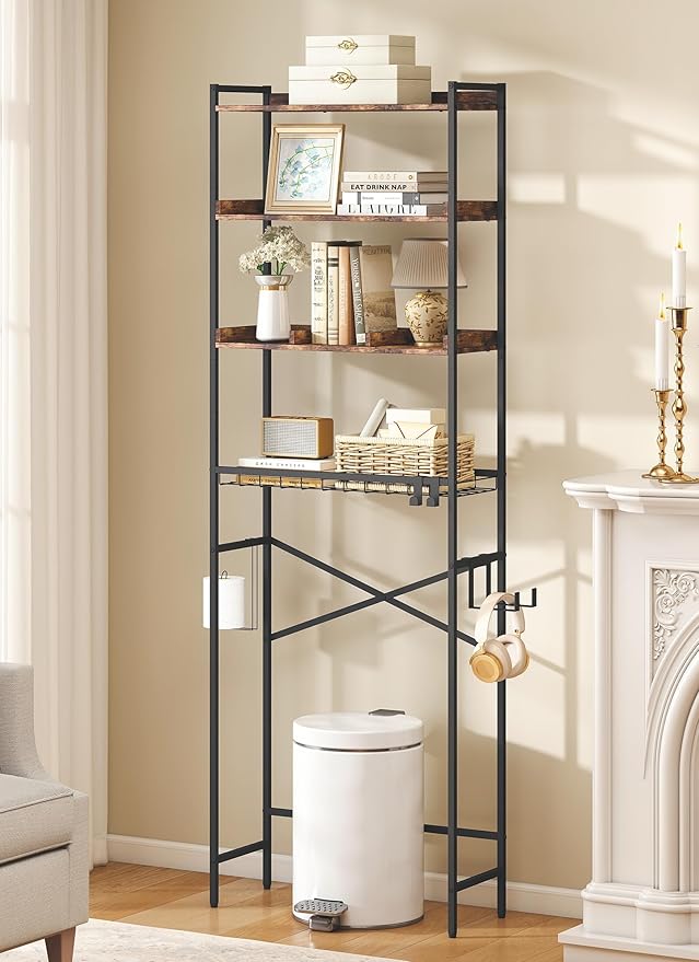 Quikraen 4 Tier Over The Toilet Storage Shelf with 3 Adjustable Shelves, Space Saver Bathroom Organizer with 4 Hooks, Freestanding Above Toilet Rack for Restroom Laundry (Brown)