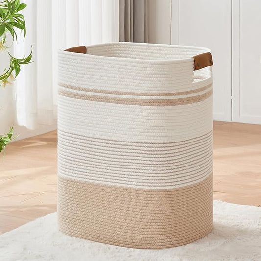 AINUOQI Laundry Basket with Handles - Blanket Basket & Hampers for Bedroom Aesthetic, Laundry Hamper & Blanket Storage for Living Room, Clothes Hamper, Tall, Large 17" x 14" x 22”, Off-white