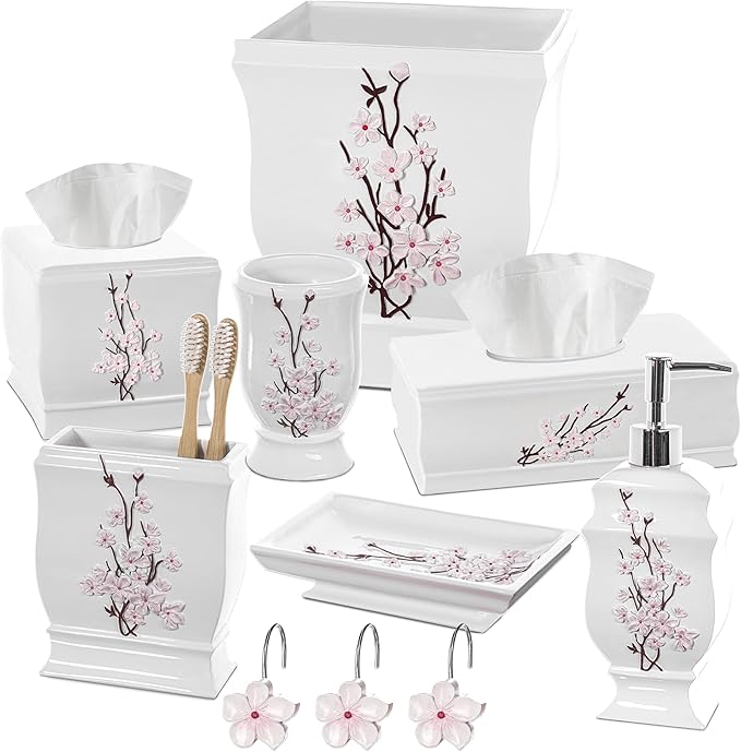 Creative Scents Vanda Bathroom Set - Cherry Blossom White Bathroom Accessories Set - 4 Piece Floral Bathroom Soap Dispenser Set Includes: Lotion Dispenser, Toothbrush Holder, Tumbler & Soap Dish