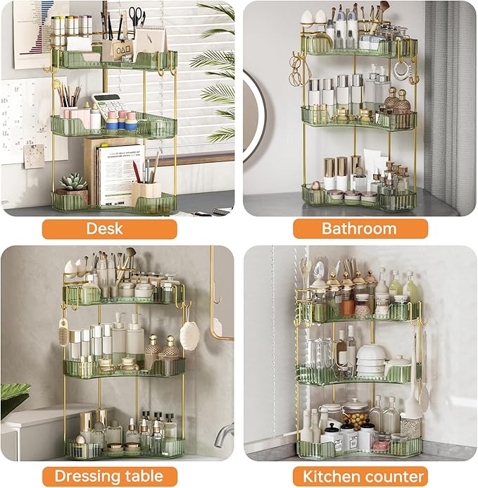 3-Tier Corner Bathroom Counter Organizer，Makeup & Skincare Shelf with Built-in Brush Holder，Space-Saving Bathroom Countertop Organizer for Skincare, Perfume, Cosmetics(Green)