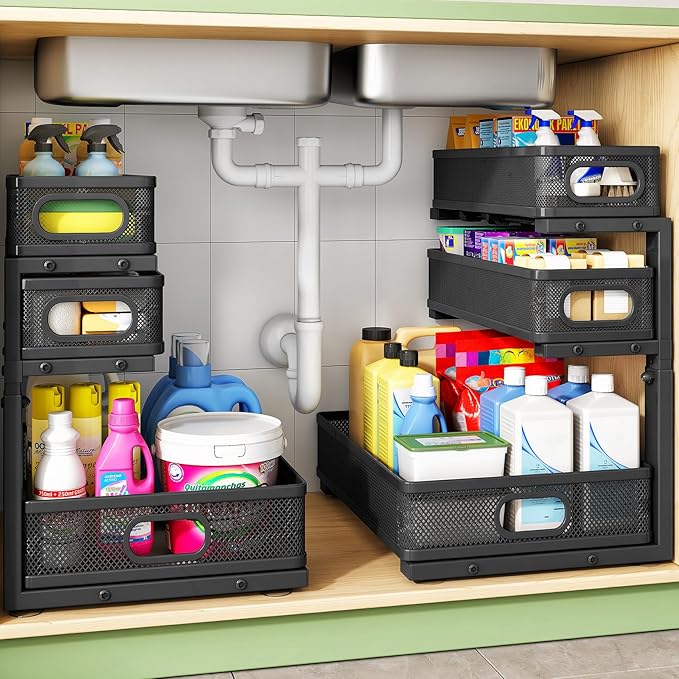 Kitstorack Under Sink Organizer, 2-Pack 3-Tier Height Adjustable Thickened Metal Pull out Cabinet Organizer Shelf, Slide out Storage Drawer Rack for Bathroom Kitchen Pantry Home Laundry Organization